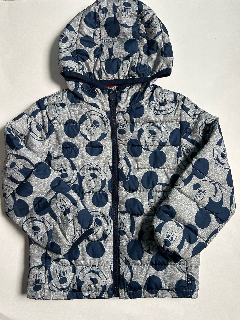 Gap Kids Hooded Puffer Jacket - Gray & Navy Mickey Print